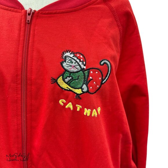 Vintage 1980's Yikes Red Zip-Front Catnap Embroidered Lounge Dress Size 1X - Picture 2 of 8